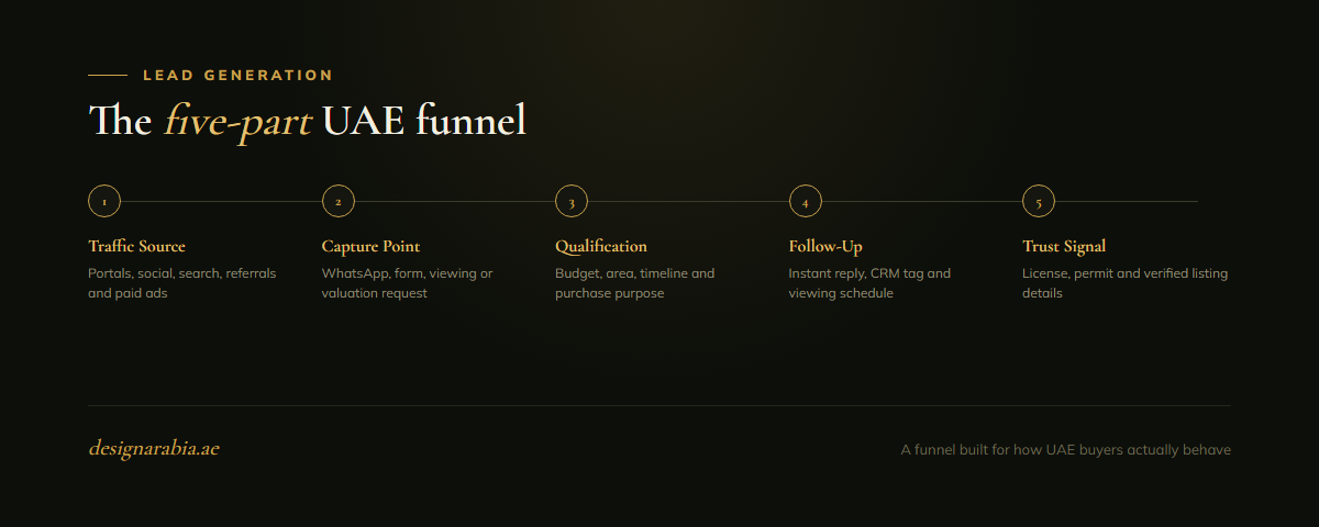 The five-part UAE real estate lead generation funnel: traffic source, capture point, qualification, follow-up, trust signal