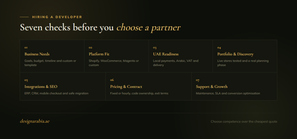Seven checks before choosing an e-commerce development partner: business needs, platform fit, UAE readiness, portfolio and discovery, integrations and SEO, pricing and contract, support and growth
