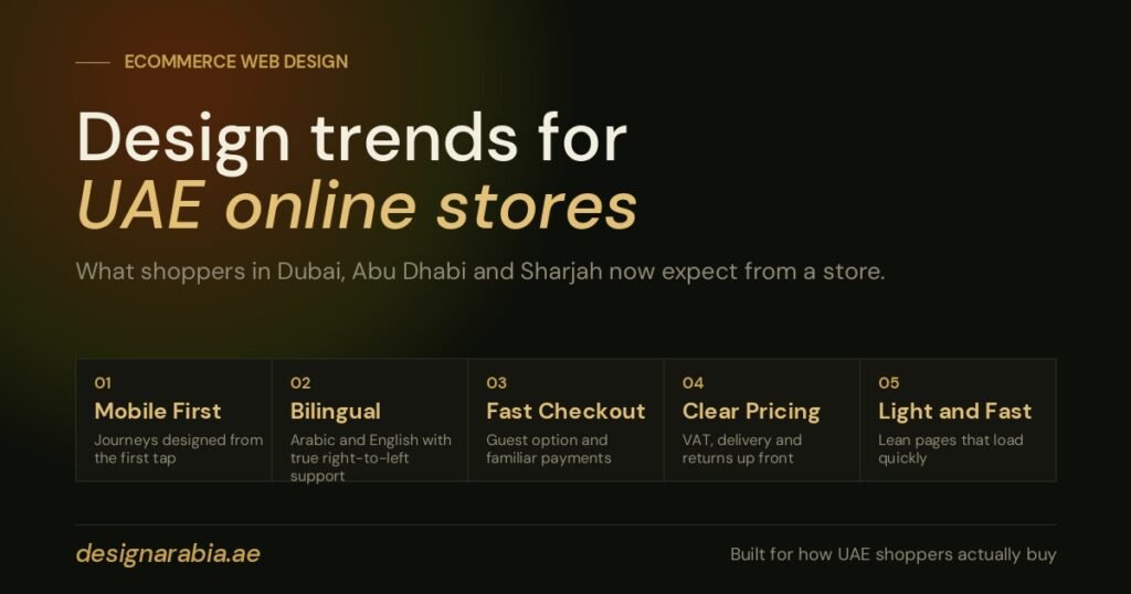 Ecommerce web design trends for UAE online stores: mobile first, bilingual, fast checkout, clear pricing and lean pages